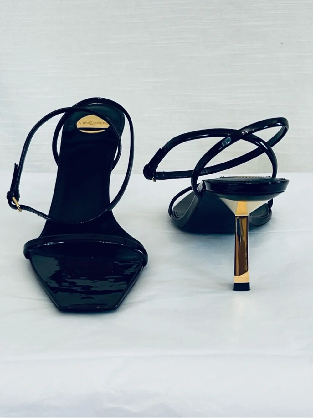 Saint Laurent Designer Patent Leather Strappy Sandals with Gold Heels - Picture 5 of 13